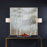 Light blue cotton woods hand-painted canvas art by Uttermost, featuring detailed brushstrokes and botanical design.