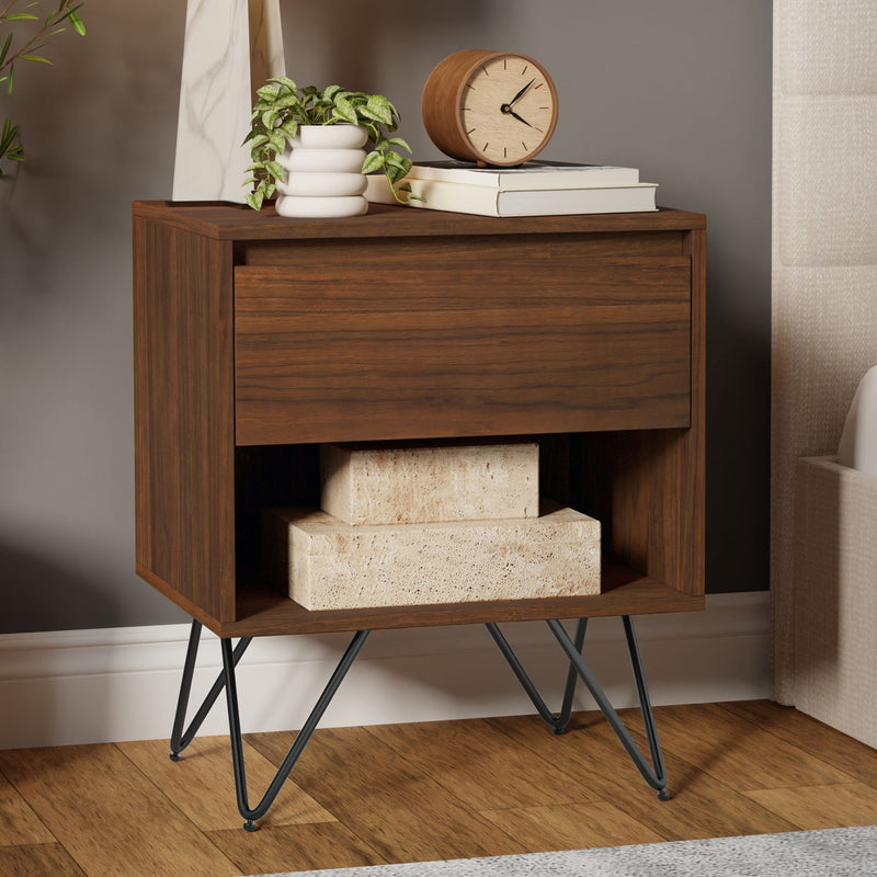 Simpli-Home Hunter accent nightstand with a wooden finish, featuring a drawer and open shelf for bedside storage.