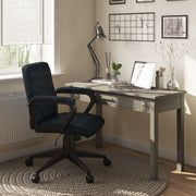 Simpli-Home distressed blue swivel office chair with padded seat and backrest, adjustable height, and modern design.