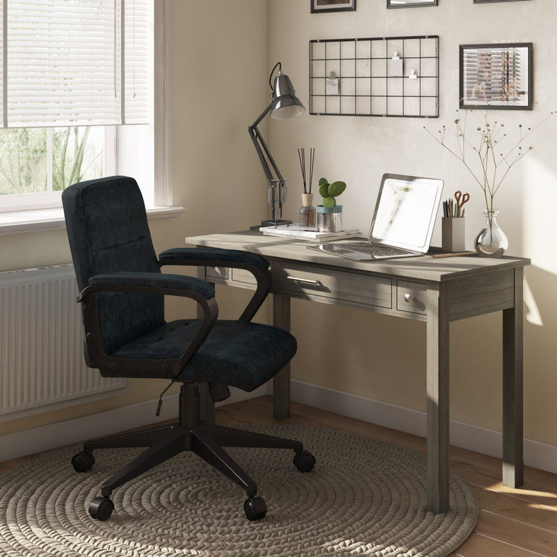 Simpli-Home distressed blue swivel office chair with padded seat and backrest, adjustable height, and modern design.