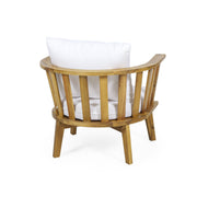 Noble House outdoor arm chair with curved backrest and white frame, perfect for patio or garden seating.