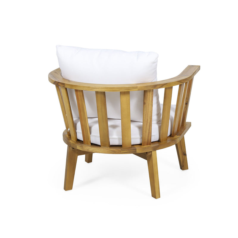 Noble House outdoor arm chair with curved backrest and white frame, perfect for patio or garden seating.