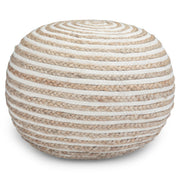 Simpli-Home Yolanda round accent pouf in natural fabric, soft textured cushion for seating or decor.