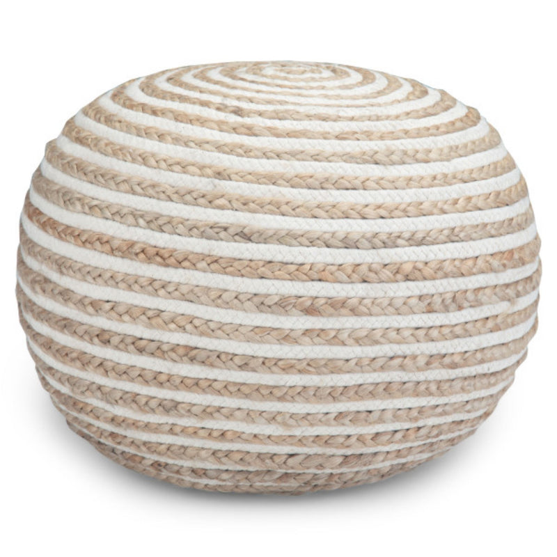 Simpli-Home Yolanda round accent pouf in natural fabric, soft textured cushion for seating or decor.