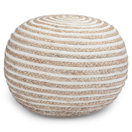 Simpli-Home Yolanda round accent pouf in natural fabric, soft textured cushion for seating or decor.