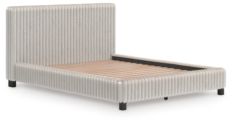 Signature Design by Ashley Zuraleus upholstered bed with padded headboard and neutral fabric, modern bedroom furniture.