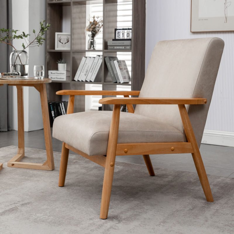 US Pride wide classic mid-century modern arm chair with beige upholstery and wooden legs, showcasing a stylish vintage design.