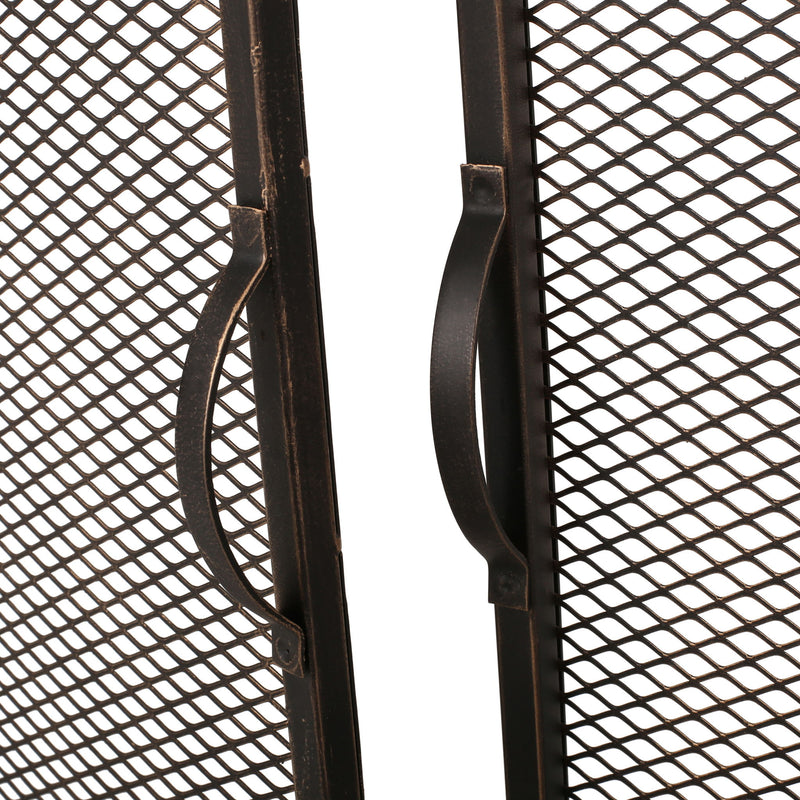 Noble House Samantha iron fireplace screen with two door design, decorative black metal fireplace protector with ornate details.
