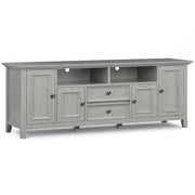 Wide Simpli-Home Amherst TV media stand with open shelves and storage compartments for modern entertainment setups.