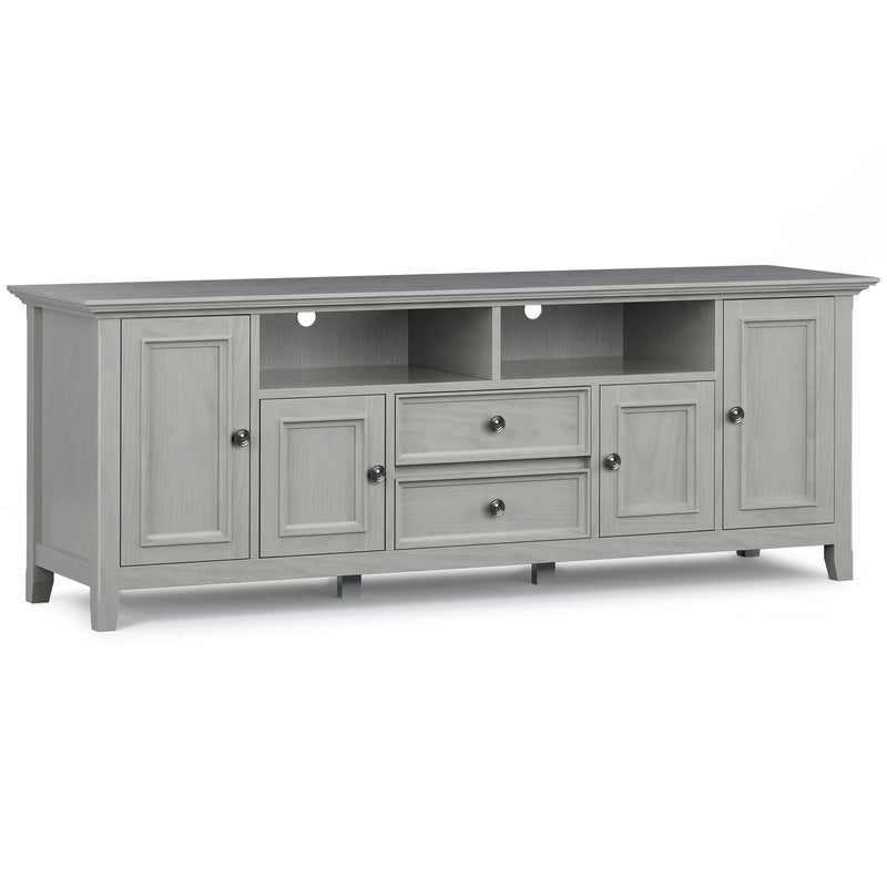 Wide Simpli-Home Amherst TV media stand with open shelves and storage compartments for modern entertainment setups.