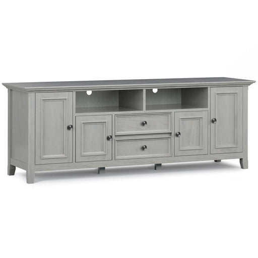 Wide Simpli-Home Amherst TV media stand with open shelves and storage compartments for modern entertainment setups.