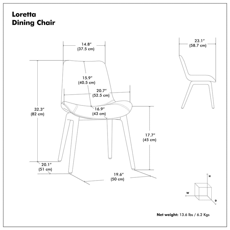 Pair of Simpli-Home Loretta upholstered dining chairs with cushioned seats and wooden legs, set of two, for elegant dining room decor.