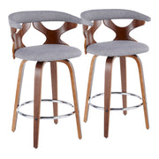 Set of two Lumi Source Gardenia mid-century modern counter stools with wooden legs and upholstered seats.