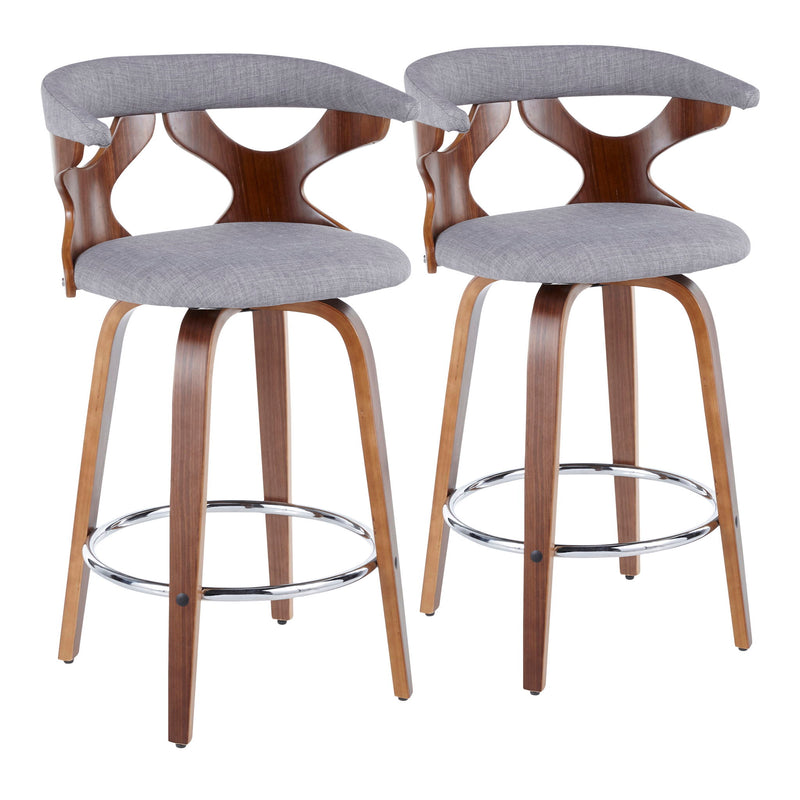 Set of two Lumi Source Gardenia mid-century modern counter stools with wooden legs and upholstered seats.