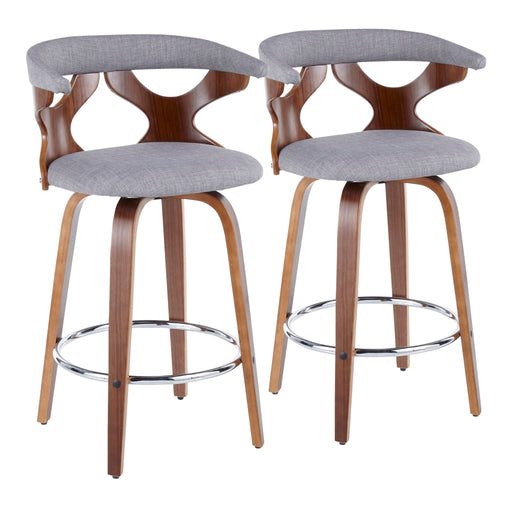 Set of two Lumi Source Gardenia mid-century modern counter stools with wooden legs and upholstered seats.