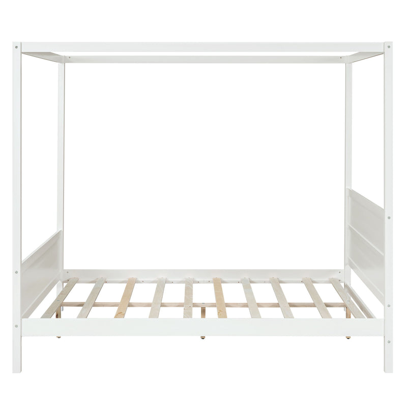 DreamHaus canopy platform bed with headboard and footboard, featuring slat support legs in a stylish bedroom setting.