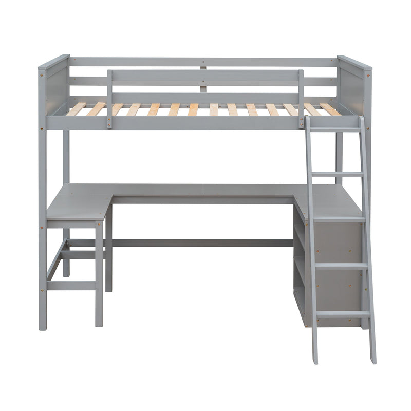 DreamHaus loft bed with shelves and integrated desk, featuring a sturdy wooden frame and space-saving design for kids' bedrooms.