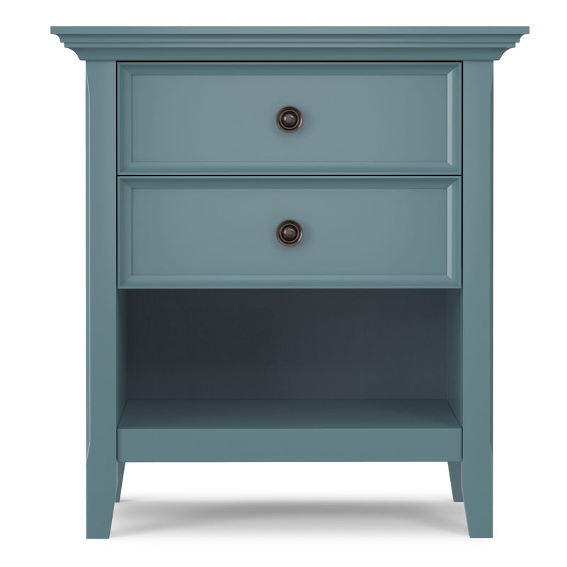 Handcrafted Amherst bedside table by Simpli-Home, featuring a wooden surface and drawer for bedroom storage.