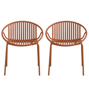 Set of two Noble House outdoor stackable chairs with breathable plastic backrests and sturdy metal frames.