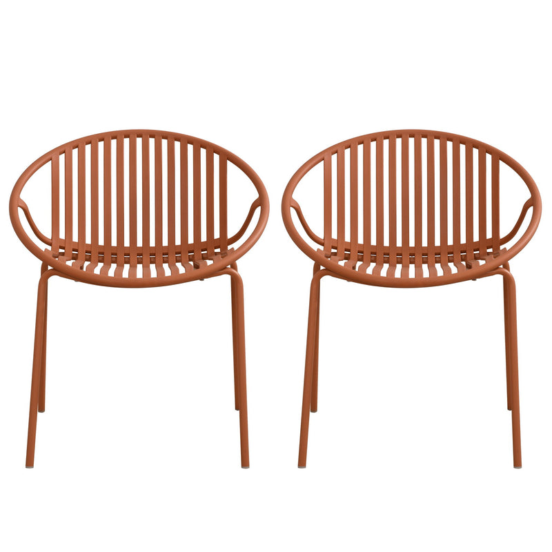 Set of two Noble House outdoor stackable chairs with breathable plastic backrests and sturdy metal frames.