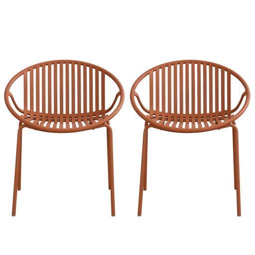 Set of two Noble House outdoor stackable chairs with breathable plastic backrests and sturdy metal frames.