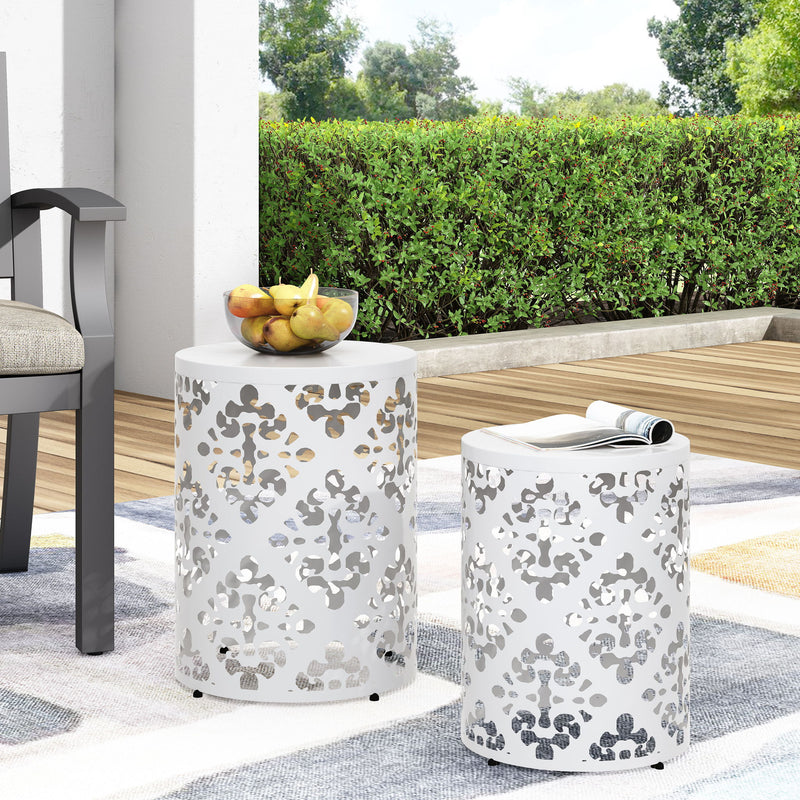 Modern outdoor metal end table by Noble House featuring a sleek design and sturdy construction for patio or garden use.