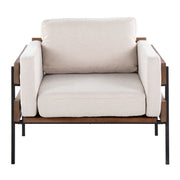 Lumi Source Kari farmhouse accent chair with wooden legs and beige fabric upholstery, showcasing a cozy, rustic design.