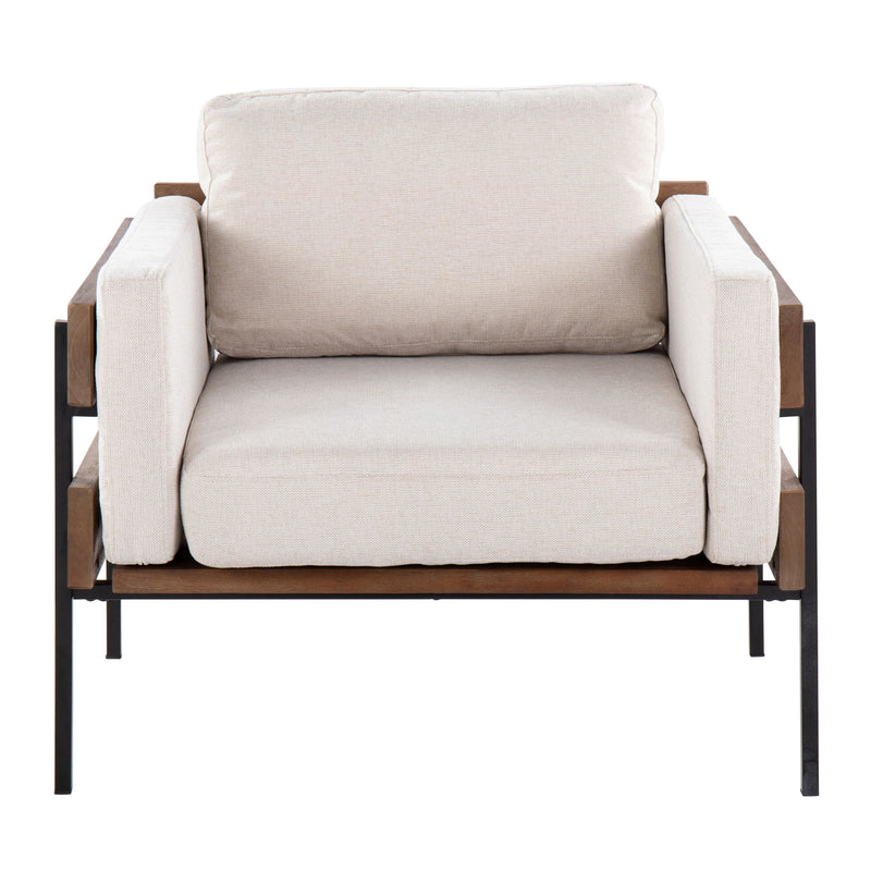 Lumi Source Kari farmhouse accent chair with wooden legs and beige fabric upholstery, showcasing a cozy, rustic design.