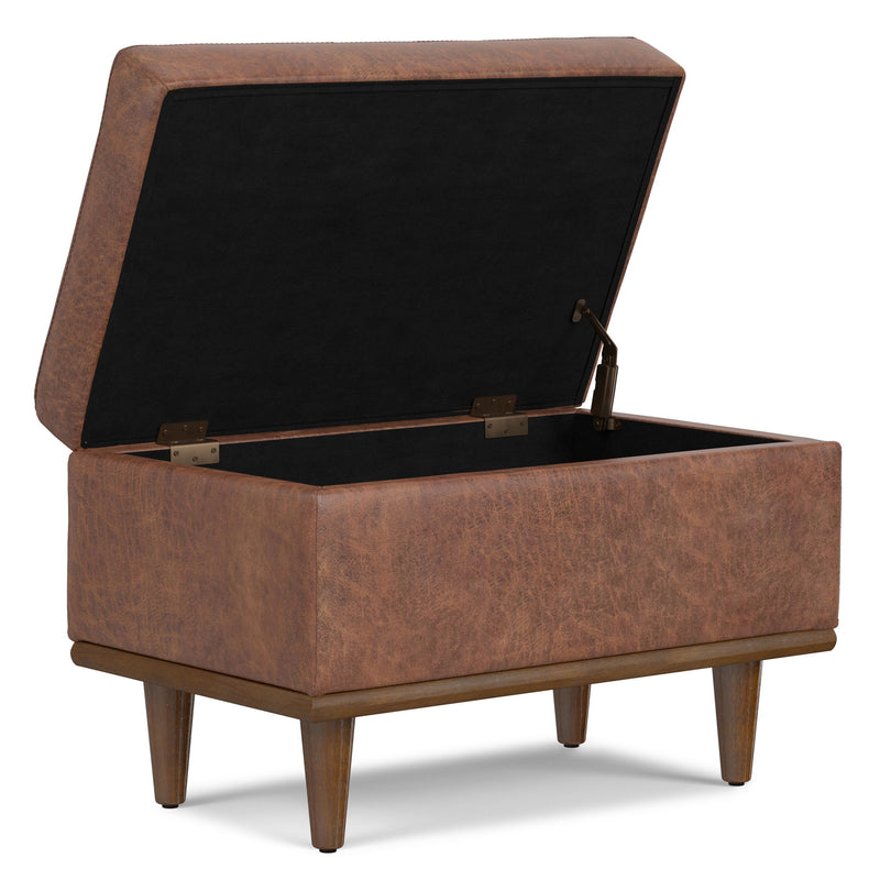 Simpli-Home Shiloh small storage ottoman with fabric upholstery and wooden base, functional living room or bedroom furniture.