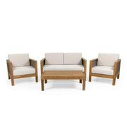 Outdoor 4 Seater Acacia Wood Chat Set With Wicker Accents And Cushions - Teak / Mixed Brown / Beige - R&R Furniture Gallery (Fountain Valley, CA)