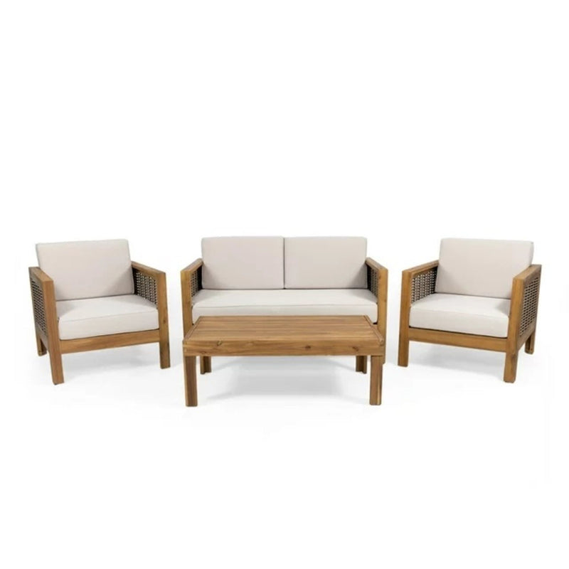 Outdoor 4 Seater Acacia Wood Chat Set With Wicker Accents And Cushions - Teak / Mixed Brown / Beige - R&R Furniture Gallery (Fountain Valley, CA)