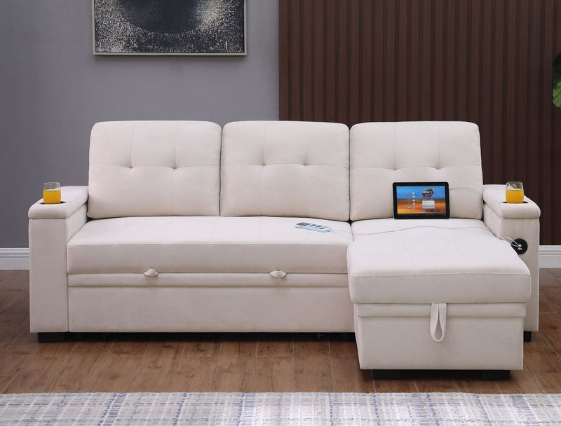 Ashlyn II - 84"W Woven Fabric Reversible Sleeper Sectional Sofa with Storage Chaise - R&R Furniture Gallery (Fountain Valley, CA)