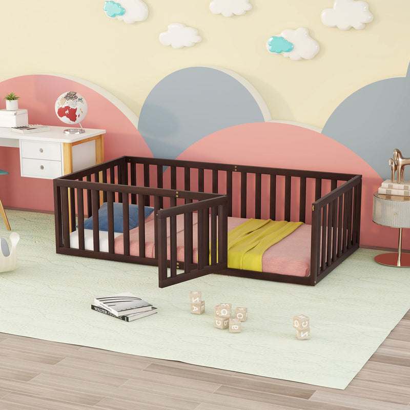 DreamHaus twin size floor bed frame with fence and door in walnut finish, featuring a panel bed design and sturdy construction.