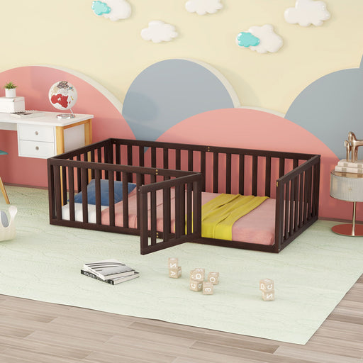 DreamHaus twin size floor bed frame with fence and door in walnut finish, featuring a panel bed design and sturdy construction.
