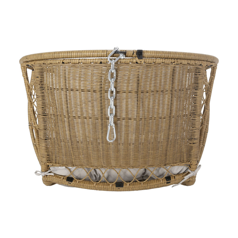 Noble House Malia wicker hanging chair with beige cushion, outdoor lounge seat, and sturdy woven rattan design.