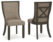 Set of two Signature Design by Ashley Tyler Creek dining UPH side chairs with framed back in black and grayish brown upholstery.