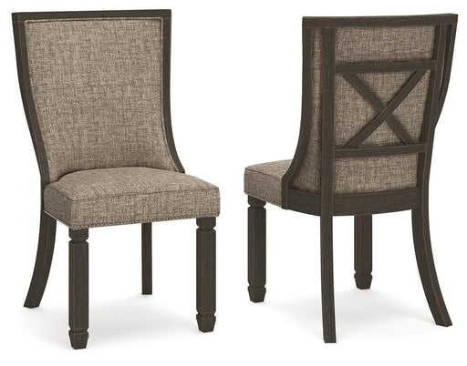 Set of two Signature Design by Ashley Tyler Creek dining UPH side chairs with framed back in black and grayish brown upholstery.