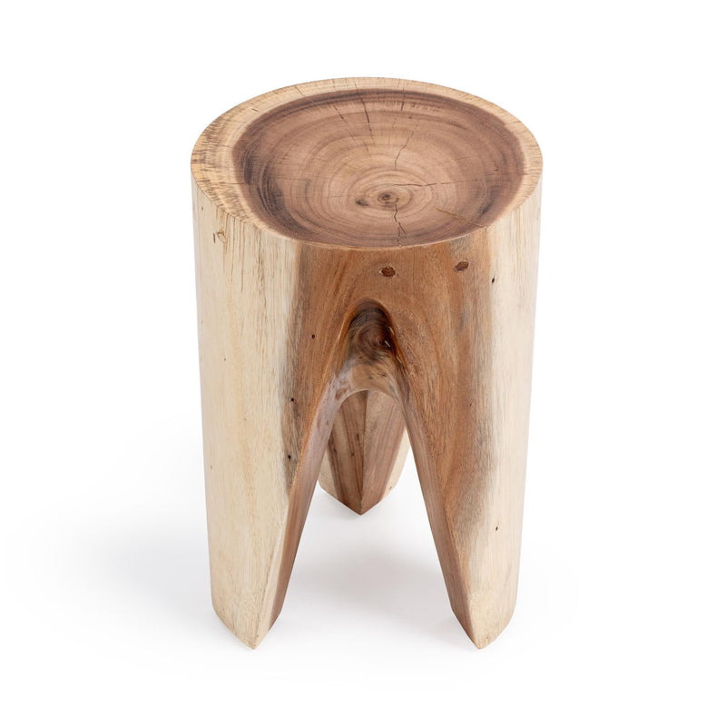 Classic Home Vela accent table with a round wooden top and sleek metal legs, ideal for living room or bedroom decor.