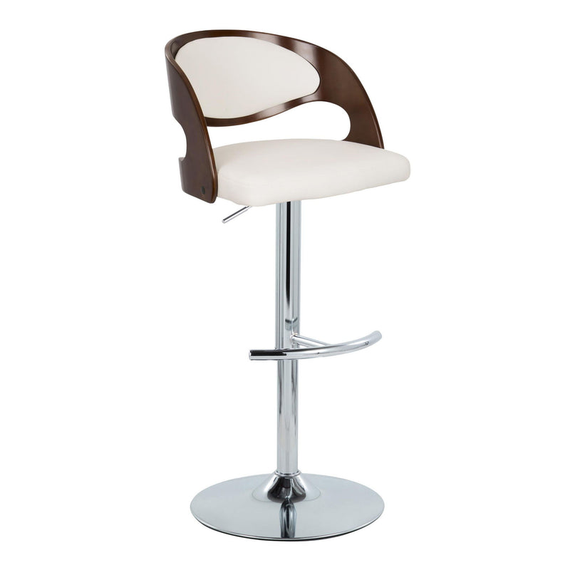 Set of two Lumi Source Pino mid-century modern adjustable barstools with swivel, rounded T-footrest, chrome, cherry, and white finish.