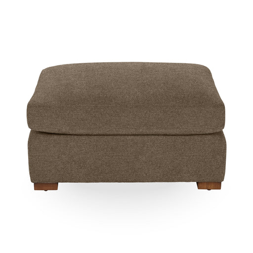 Classic Home Audrey upholstered ottoman with plush fabric and wooden legs, ideal as a versatile footrest or accent piece.