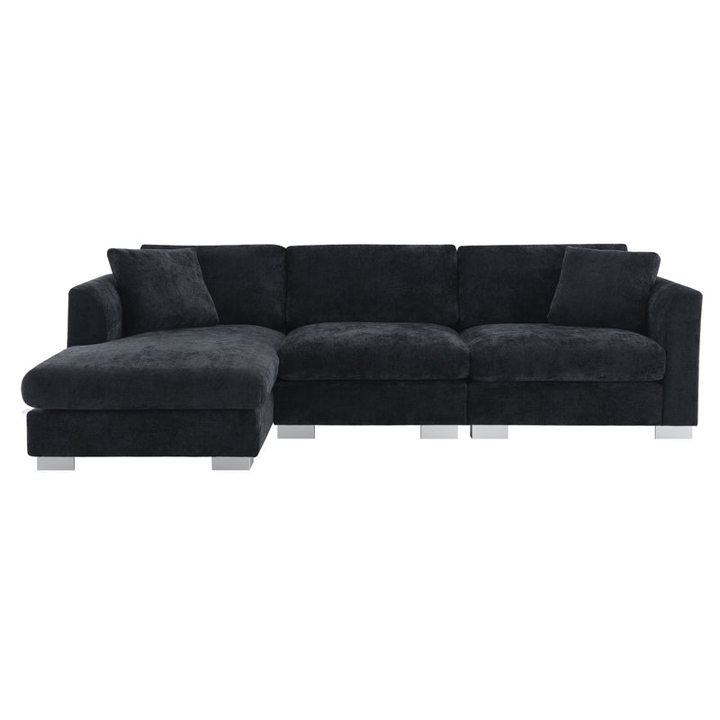 Luxe & Co. modern cloud L-shaped sectional sofa with oversized chaise, 4 seats, and 2 free pillows in a stylish stationary design
