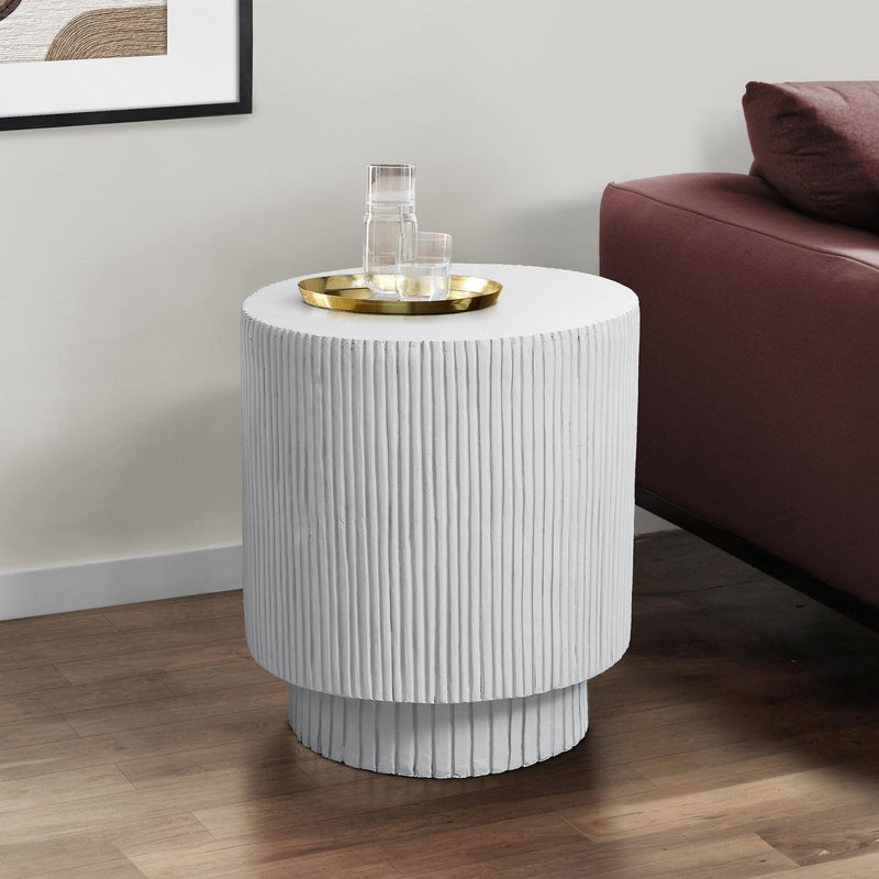 White 8th Street round accent table suitable for indoor and outdoor use, featuring a sleek, modern design.
