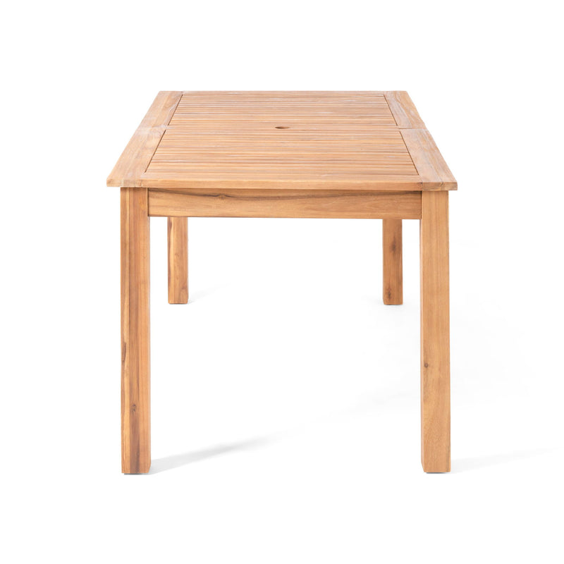 Outdoor expandable dining table with square legs by Noble House, featuring a wooden surface and modern design for outdoor dining.