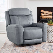 Parker Living Callahan power lift recliner with heat and massage features, upholstered in plush fabric with padded armrests.