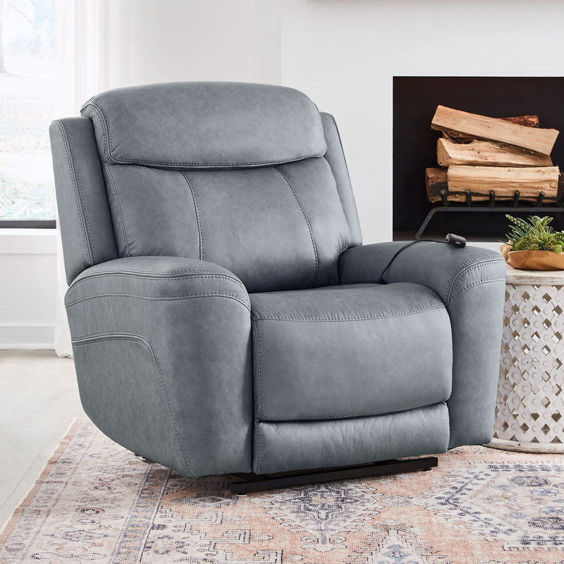 Parker Living Callahan power lift recliner with heat and massage features, upholstered in plush fabric with padded armrests.