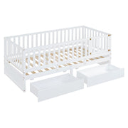 DreamHaus storage daybed with fence guardrails, two drawers, split into floor bed and daybed, showcasing its versatile design and wood finish.