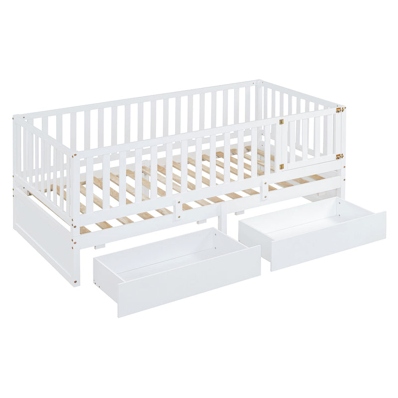 DreamHaus storage daybed with fence guardrails, two drawers, split into floor bed and daybed, showcasing its versatile design and wood finish.