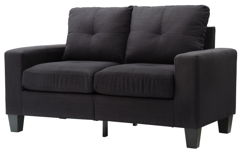 Glory Furniture Newbury track arm loveseat in cozy space, stationary design with plush cushions and modern style.