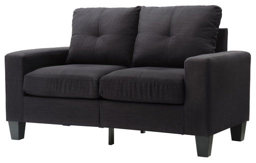 Glory Furniture Newbury track arm loveseat in cozy space, stationary design with plush cushions and modern style.