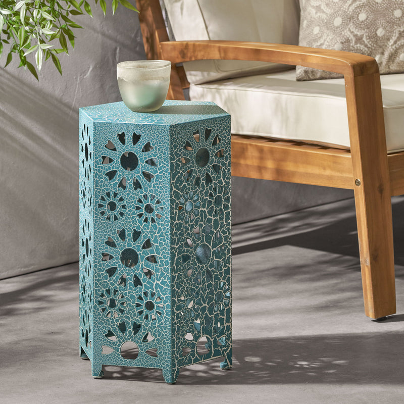 Noble House Eliana side table with a modern design and wooden finish, featuring a round tabletop and sleek metal legs.